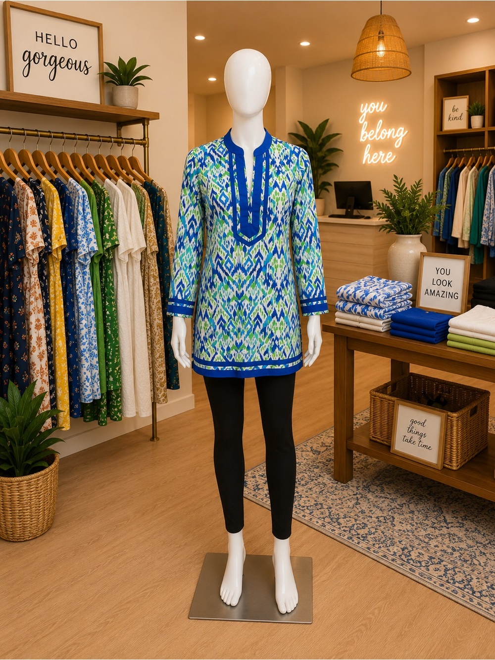 Soft Surroundings Blue & Green Ikat-Pattern Pullover Tunic